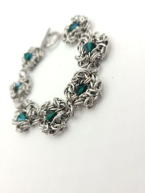 Stainless Steel Chainmail Bracelet with Emerald Green Crystal Accents